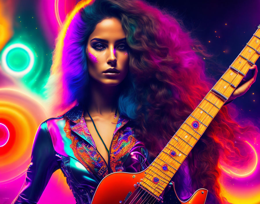 Curly-haired woman with electric guitar in neon-lit cosmic scene