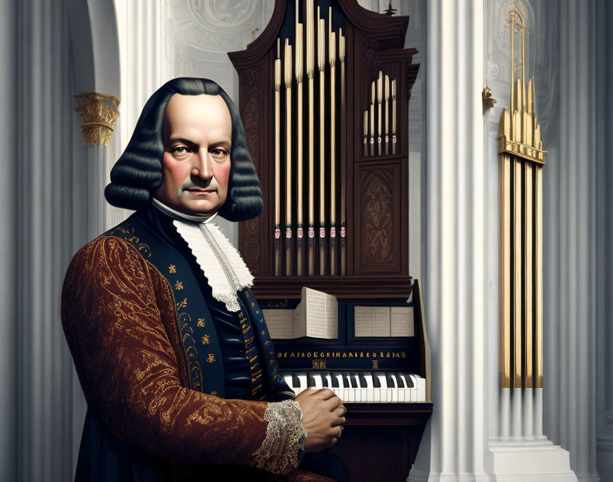 Historical figure resembling Bach at organ in elegant room