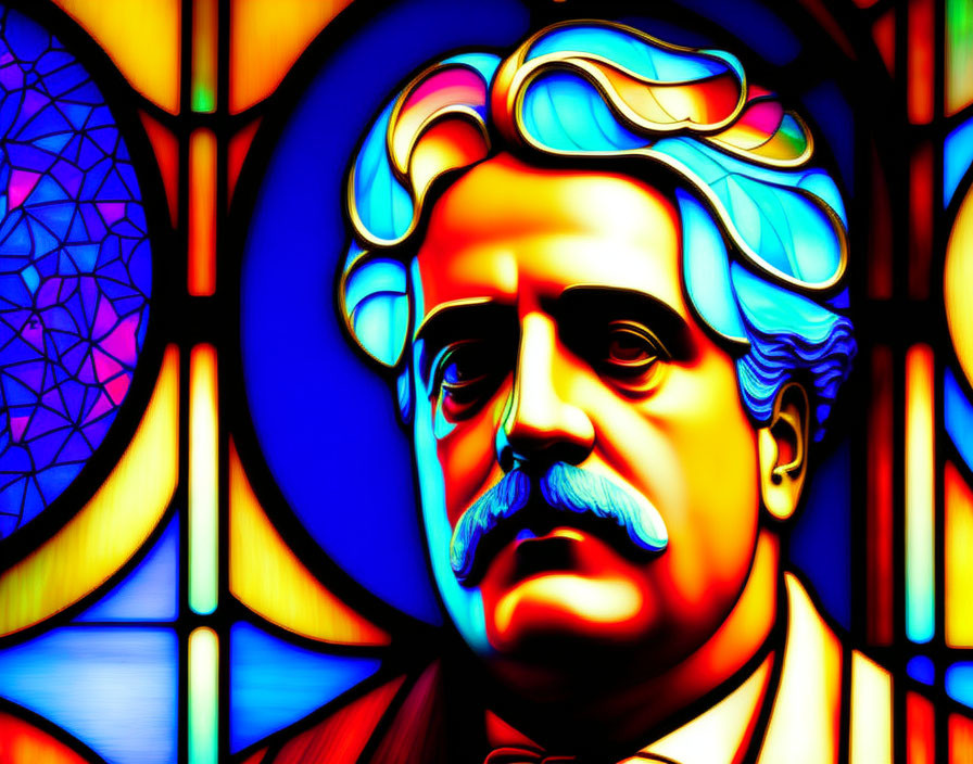 Colorful stained glass style portrait of a portly man with mustache and wavy hair