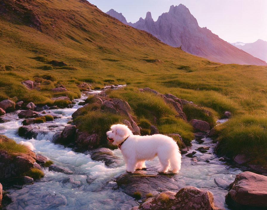 Fluffy white dog in mountain stream at sunset