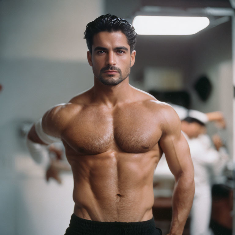 Muscular man with defined physique, groomed beard, and styled hair.