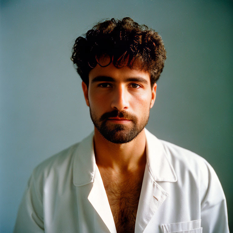 Curly Haired Man in White Shirt on Blue Background