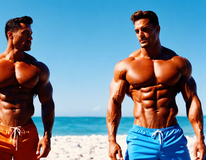 Muscular Men in Swim Trunks on Beach with Clear Blue Sky