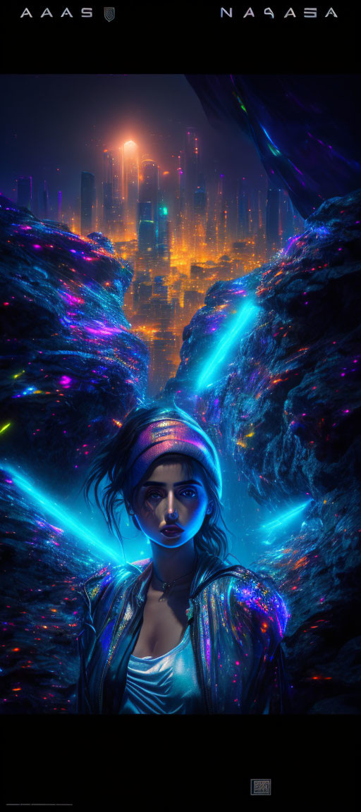 Futuristic woman in shiny outfit overlooking vibrant cyberpunk cityscape