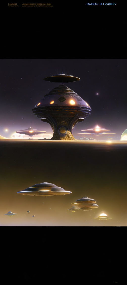 Large alien spacecraft dominates futuristic barren landscape under starry sky