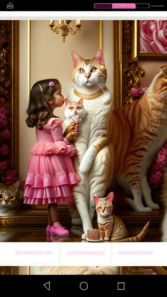 Young girl in pink dress with ornate giant cat and two smaller cats in luxurious floral room