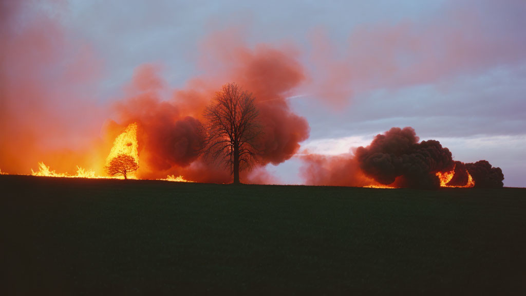 Fiery blaze behind lone tree in field with thick smoke - dusk setting