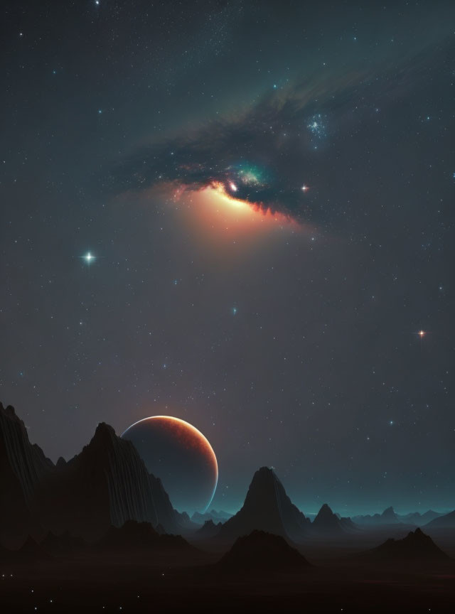 Vibrant galaxy over crescent moon in serene nightscape