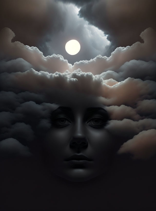 Surrealist image of woman merging with dark skies and moon