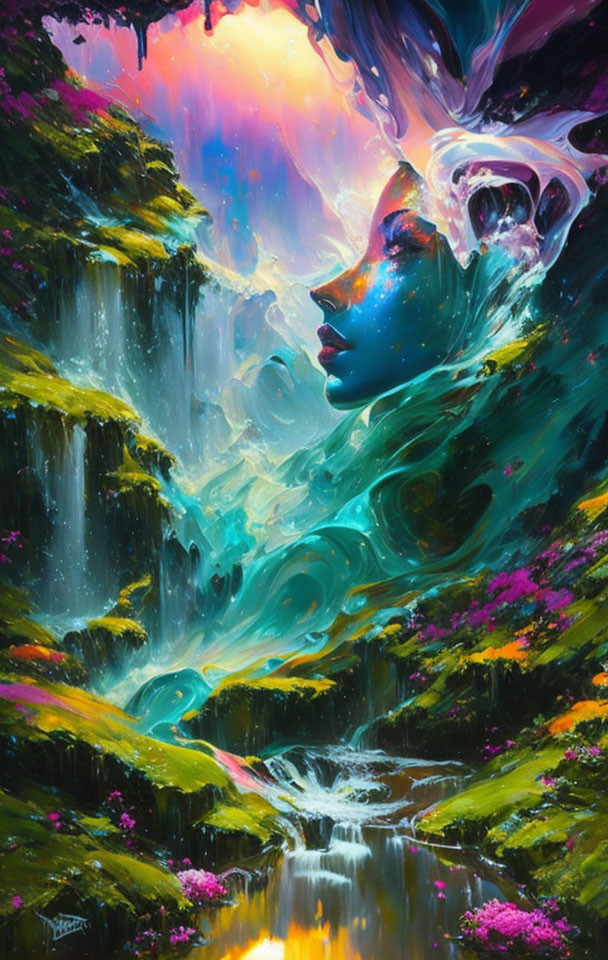 Fantasy-inspired painting: Woman's face merges with lush forest and waterfall