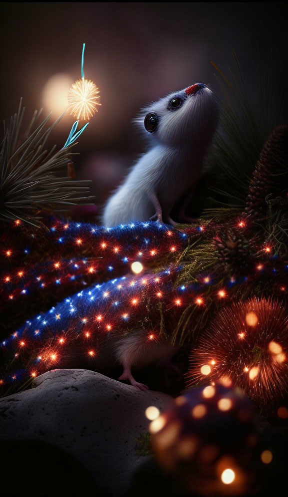 Ermine in Night Scene with Sparkler and Fireworks