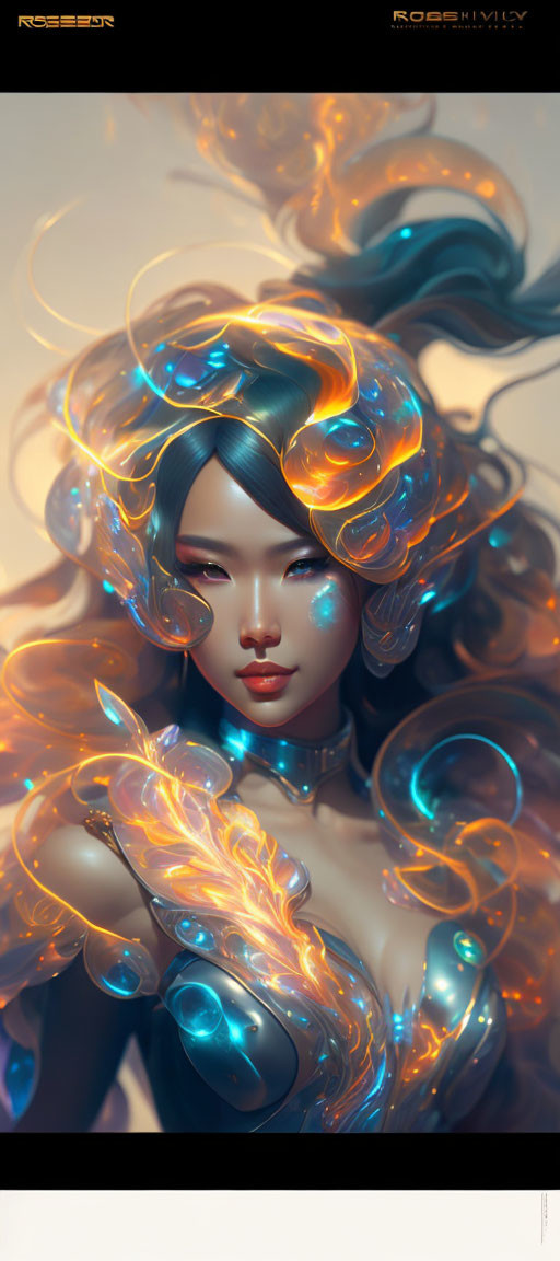 Digital artwork: Woman with glowing blue and orange curlicues