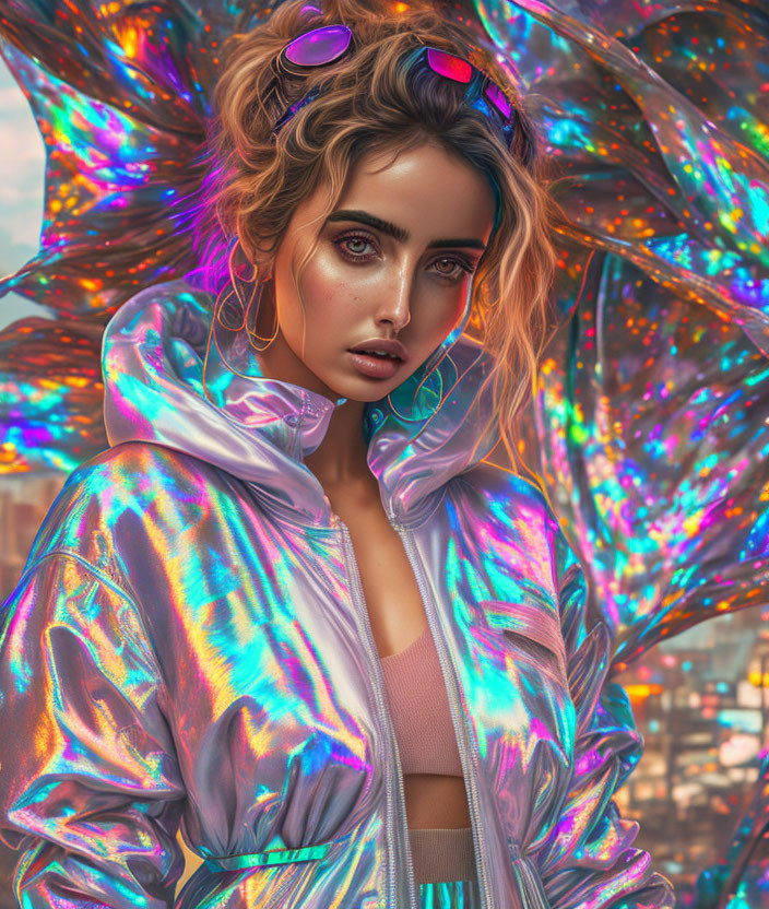 Striking Makeup Woman in Iridescent Jacket on Vibrant Background