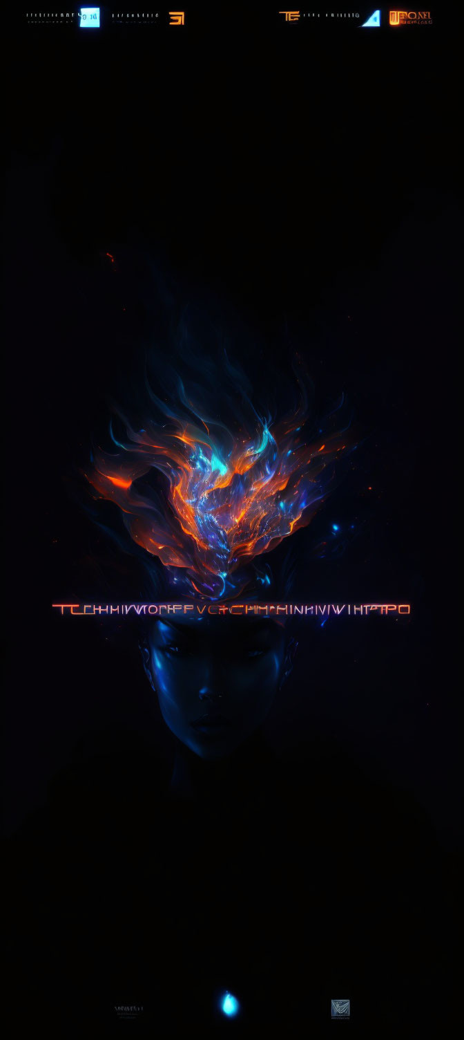 Vibrant digital artwork: Partially illuminated face with fiery colors on dark background