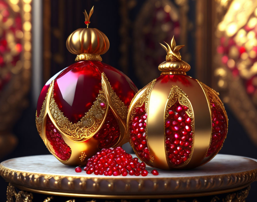 Royal perfume bottles: ornate spheres with gold accents & red gemstones on opulent pedestal