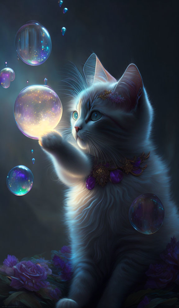 Fluffy cat with jeweled collar in mystical dark setting surrounded by bubbles and flowers