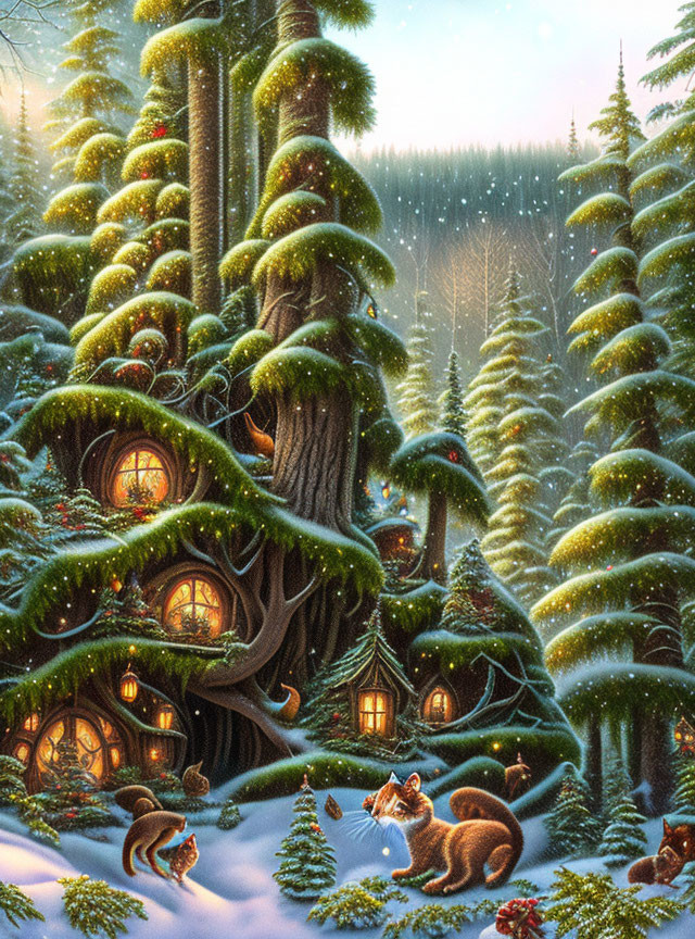 Snow-covered treehouse and woodland creatures in enchanting winter forest