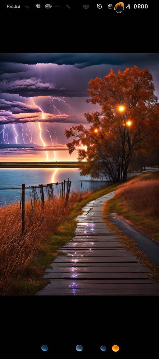 Dramatic sunset scene: lightning, water, street lamps, autumn trees