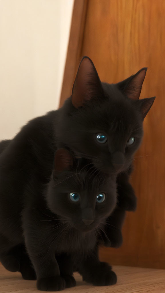 Two Black Cats with Striking Blue Eyes Snuggle Together by Wall