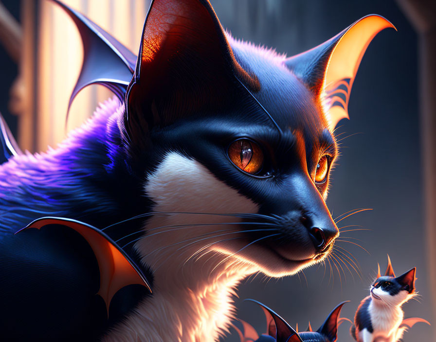 Digital artwork: Bat-winged cat with amber eyes & companion in evening scene