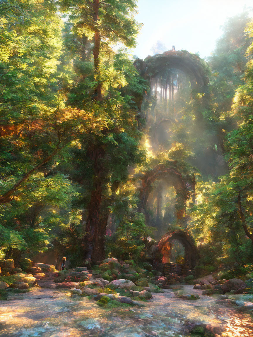 Sunlit forest with ancient ruins and figure among rocks