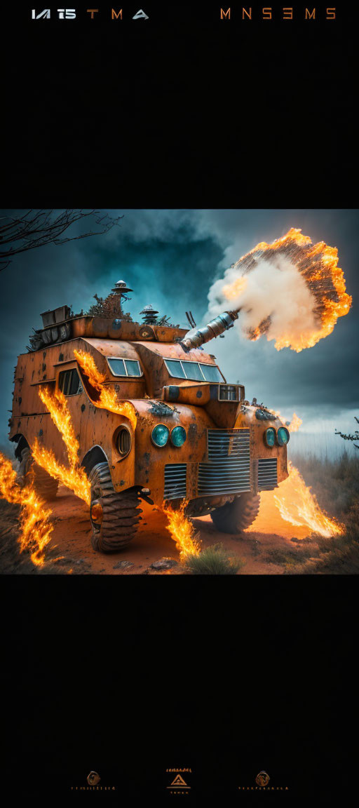 Armored military vehicle engulfed in flames under dusky sky