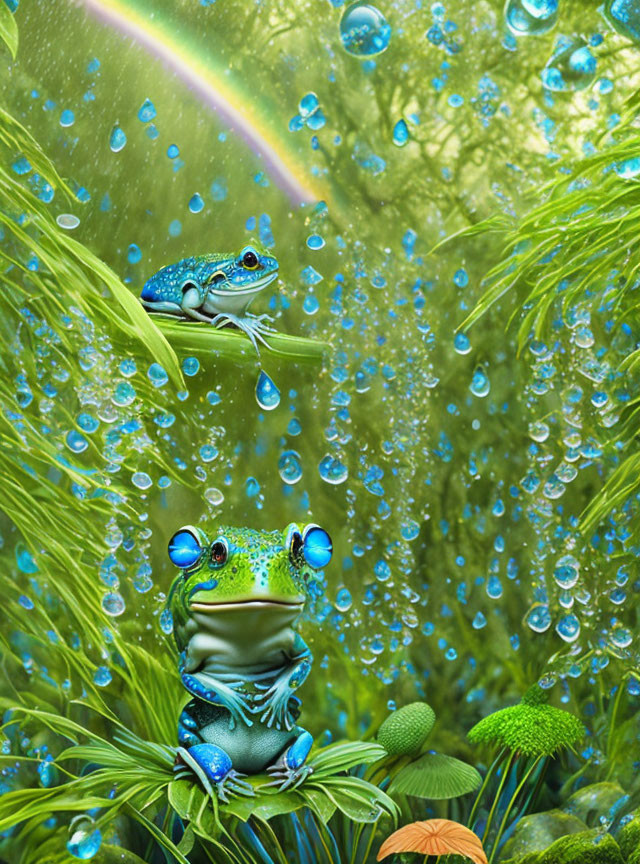 Vibrant blue frogs on green foliage with water droplets and subtle rainbow