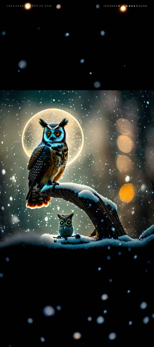 Stylized blue owls on branches in snowy nighttime scene