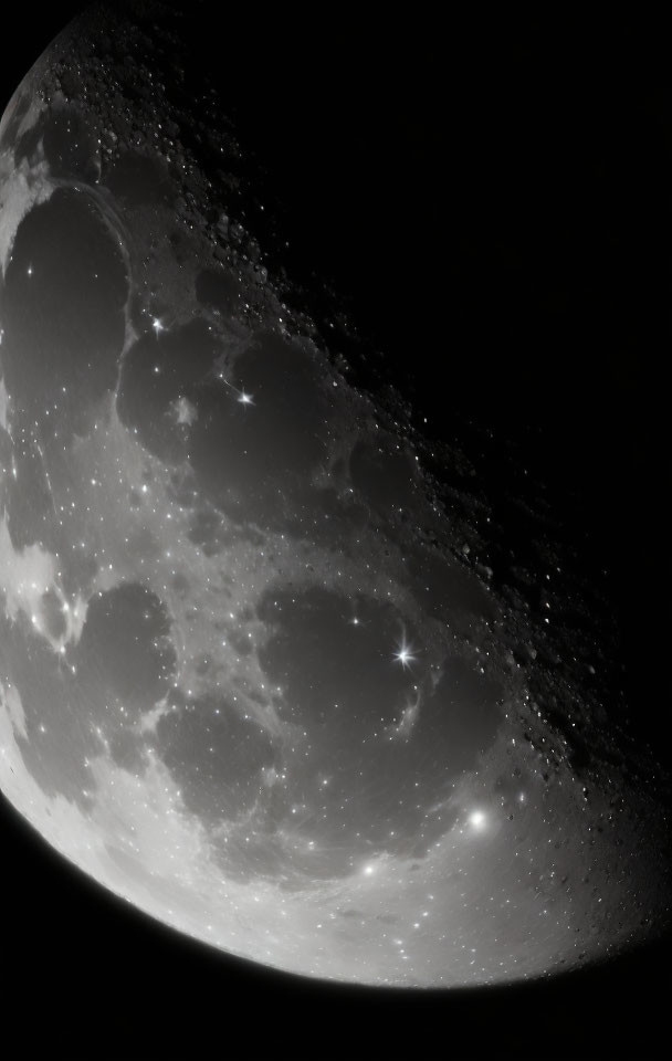 High-contrast monochrome crescent moon with craters and surface details