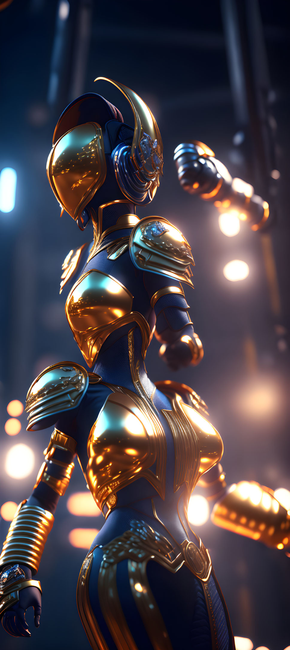 Futuristic warrior in blue and gold armor surrounded by digital interfaces