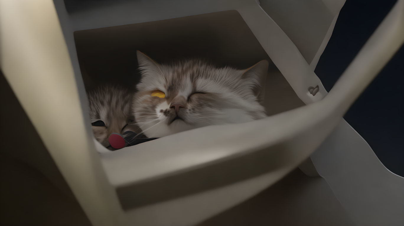 Fluffy cat napping near red object on white chair edge