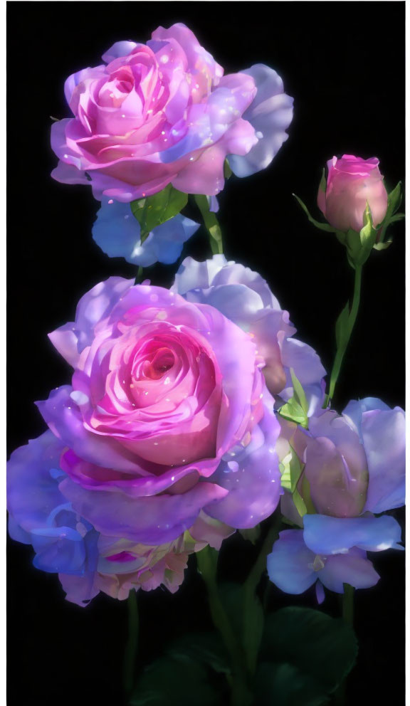 Pink roses with blue hue and water droplets on dark background.