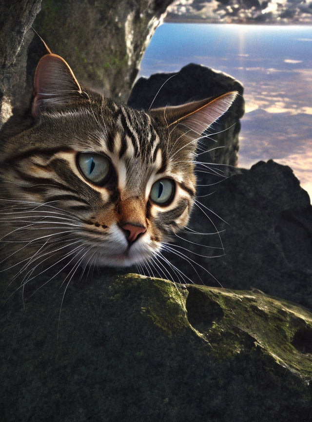 Tabby Cat with Blue Eyes Peeking from Rocky Crevice