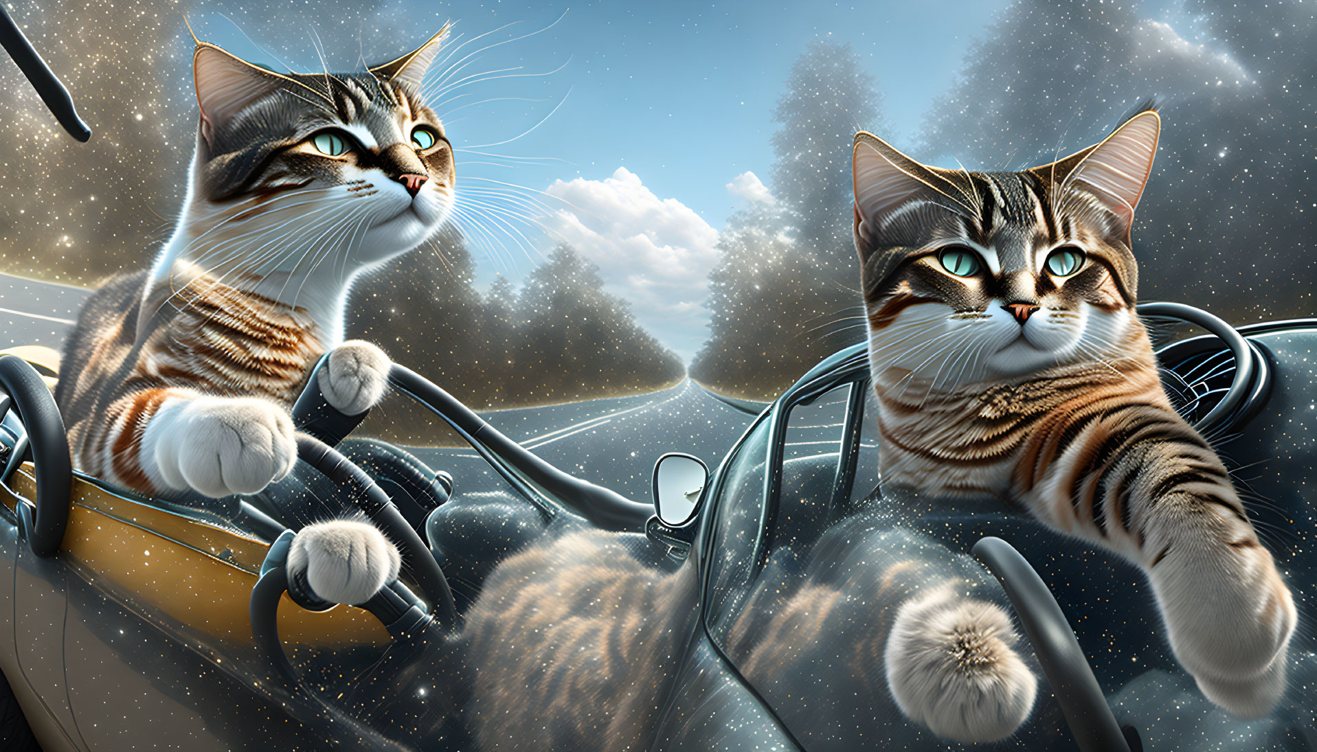 Animated cats in vintage convertible car driving under starry sky