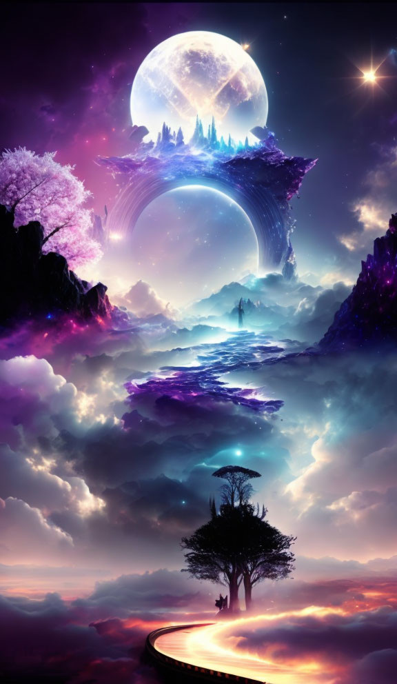 Fantasy landscape with vibrant sky, moons, silhouette, ethereal trees, and glowing horizon