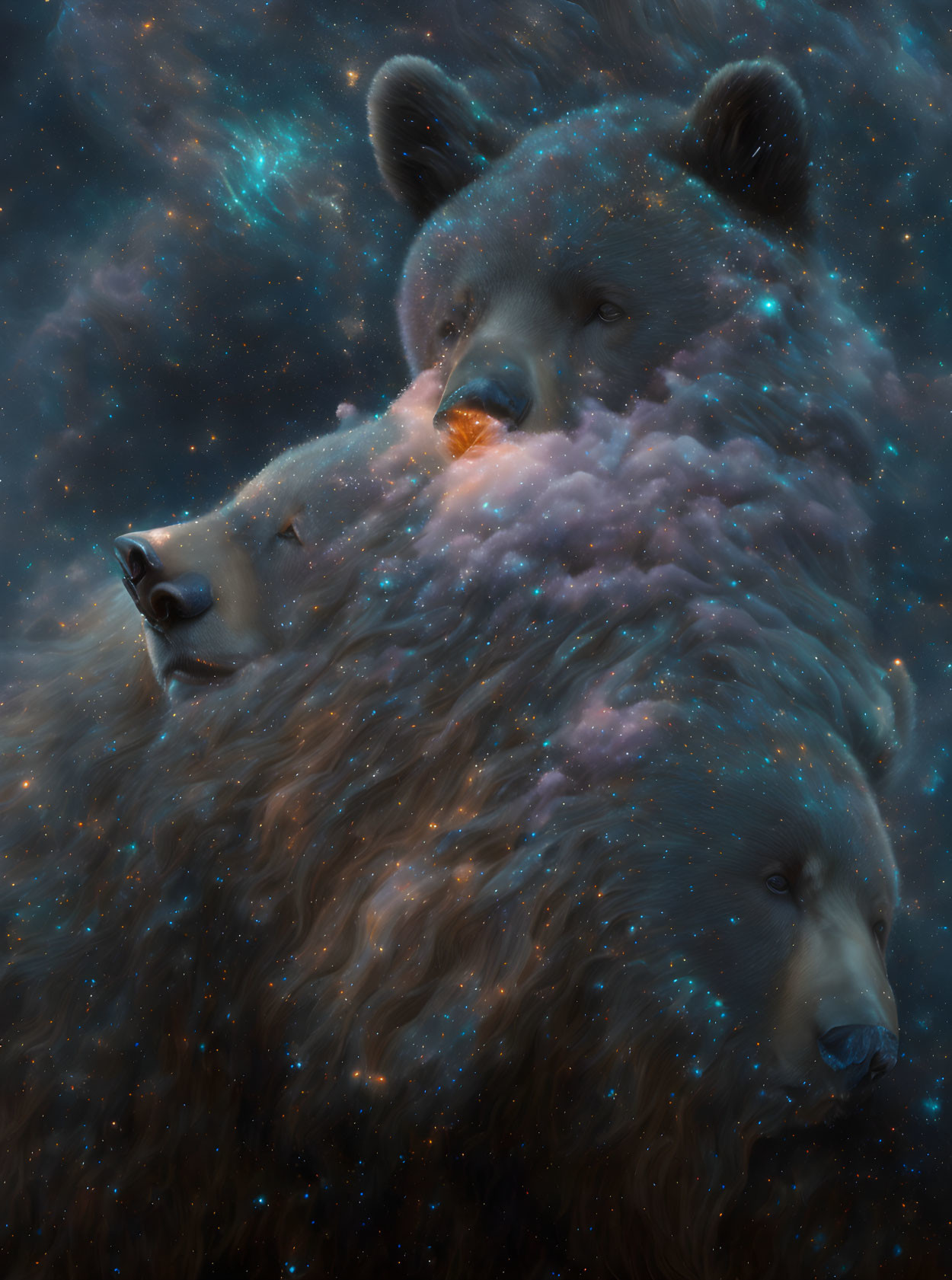 Three bears with cosmic patterns and stars on dark background