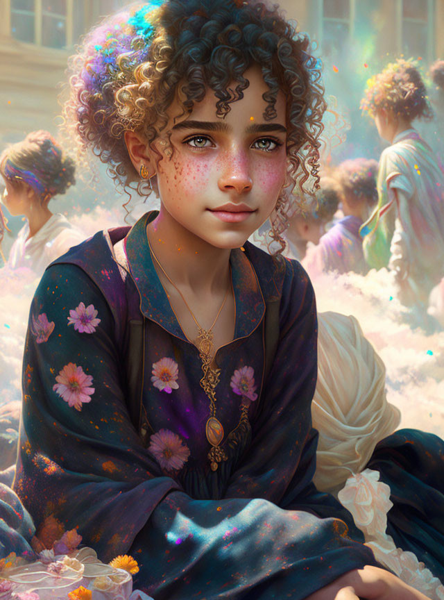 Young girl with curly hair and freckles in a colorful, dreamy digital painting surrounded by children