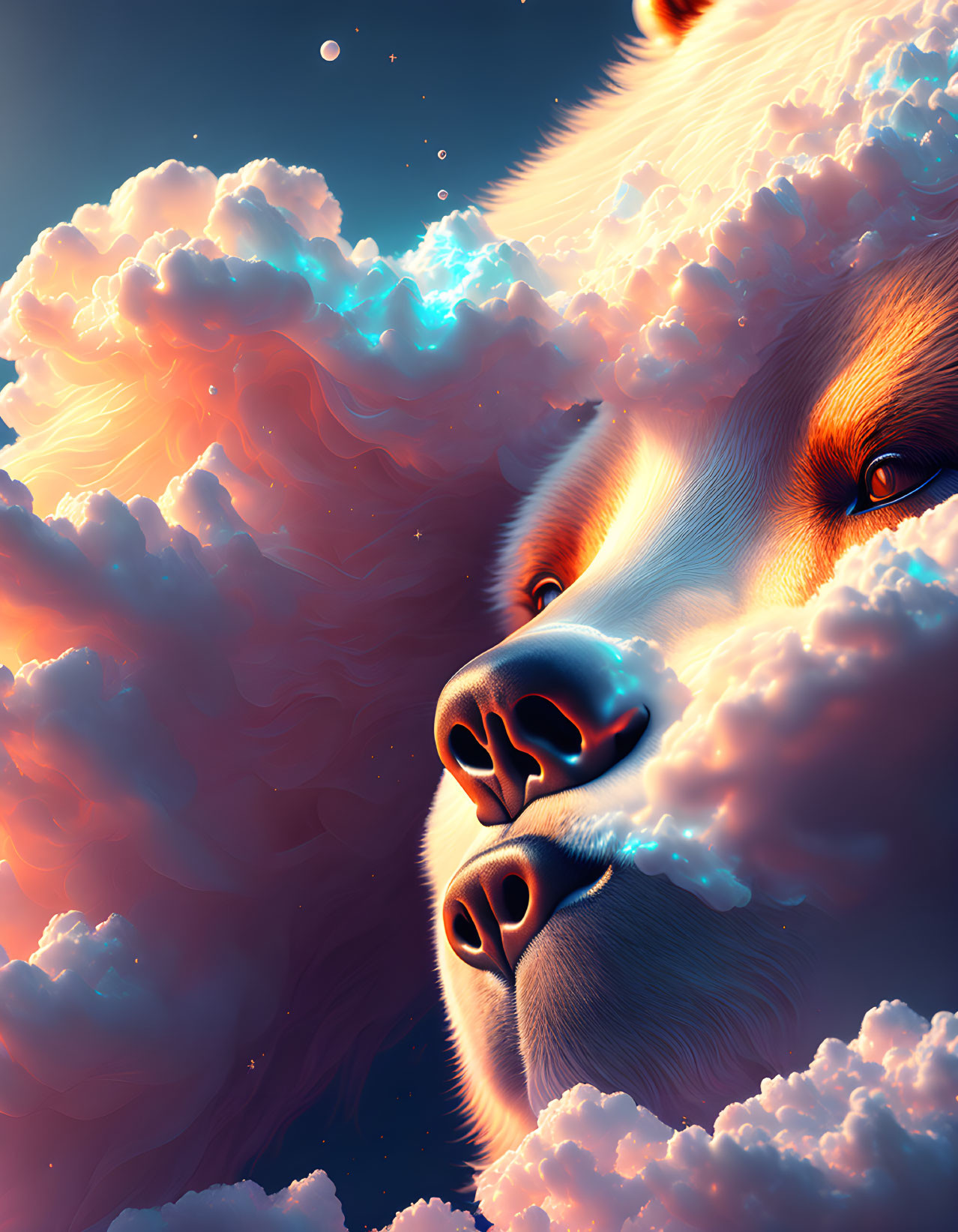 Dog's face merges with dreamy sunset cloudscape in surreal art.