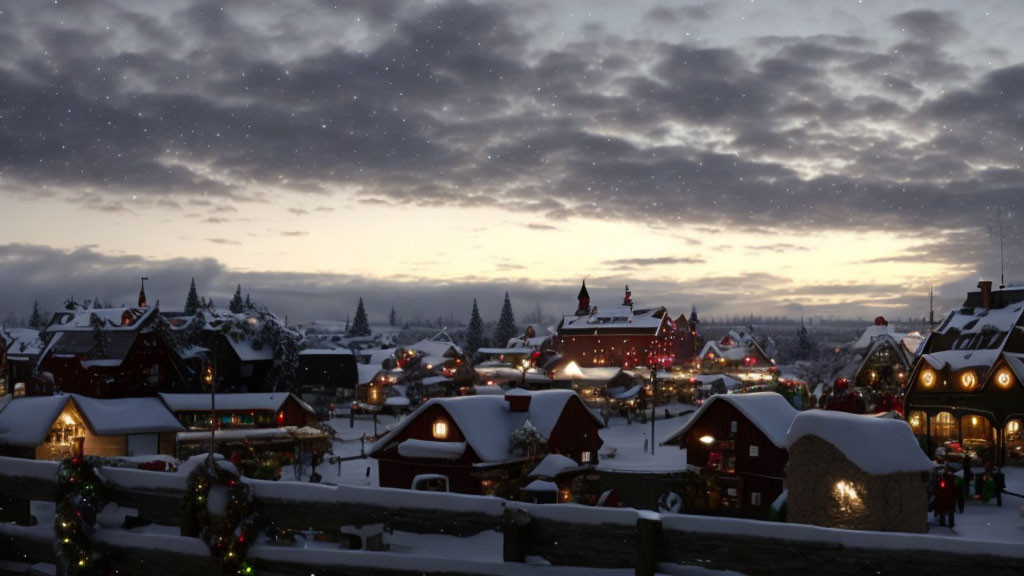 Snowy village at dusk adorned with festive lights and decorations