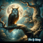 Stylized blue owls on branches in snowy nighttime scene