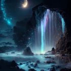 Glowing waterfall cascading in mystical night scene