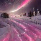 Snowy Night Landscape Illuminated by Pink and Green Lights