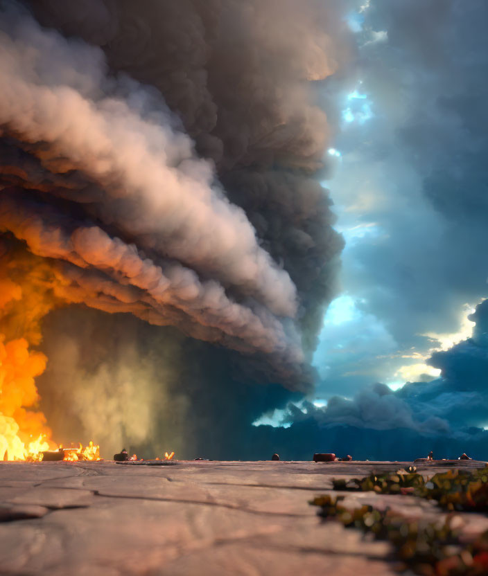 Dark smoke plume from raging fire against blue sky with visible flames.