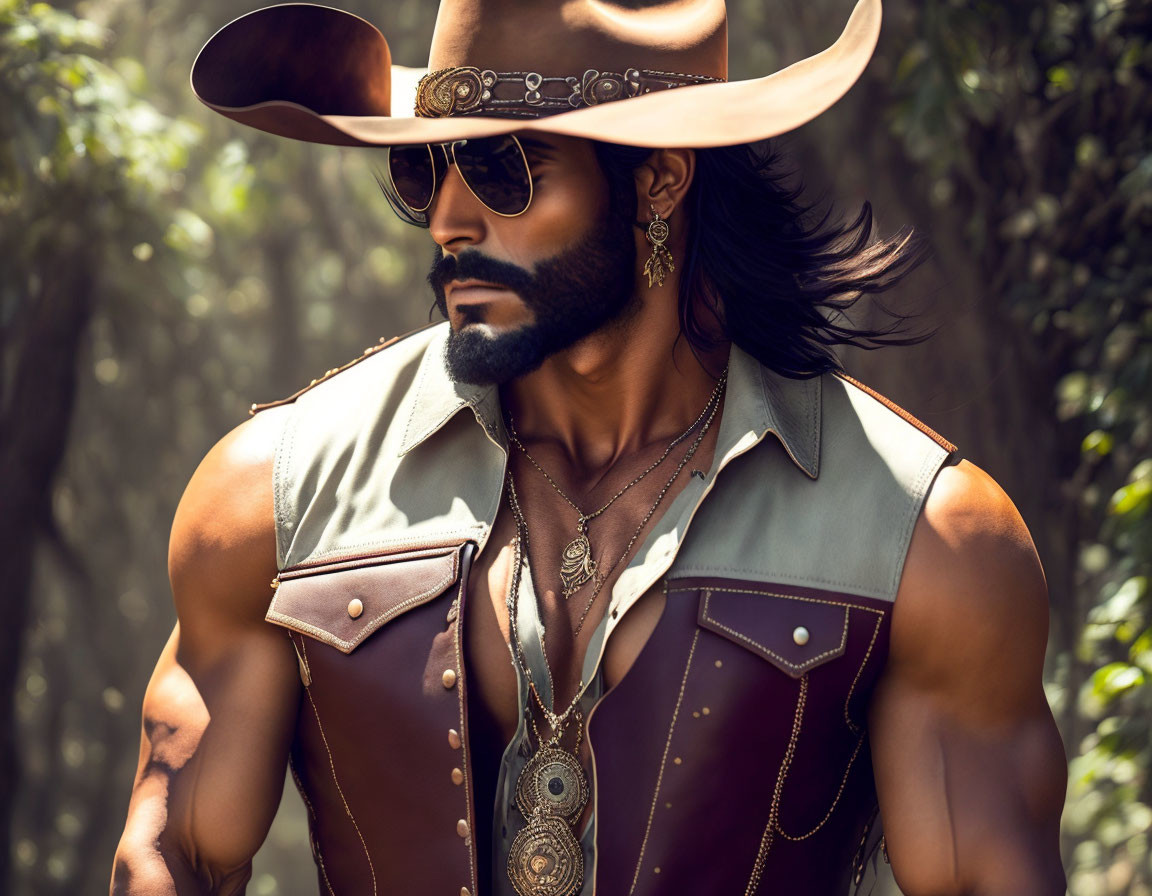 Bearded man in cowboy hat and vest with necklaces in forest.