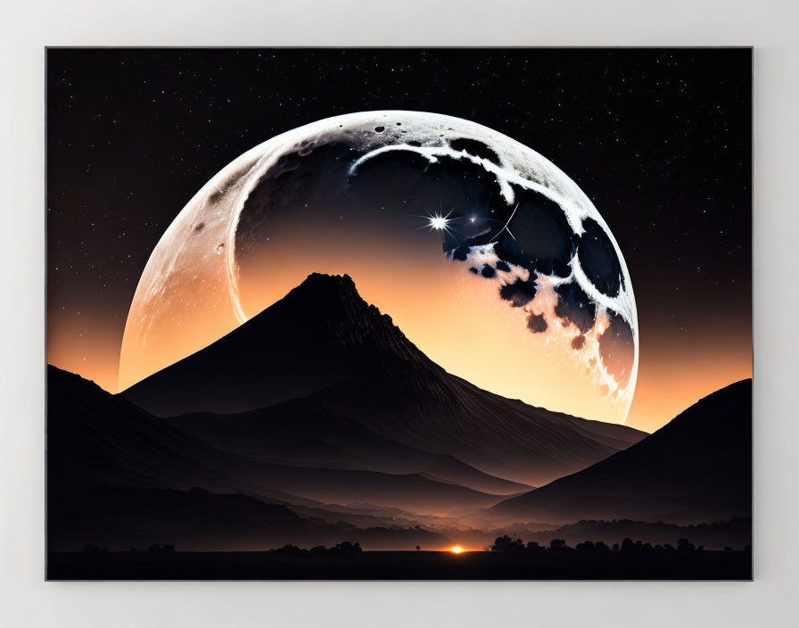 Surreal landscape with crescent moon, starlit sky, and silhouetted mountains