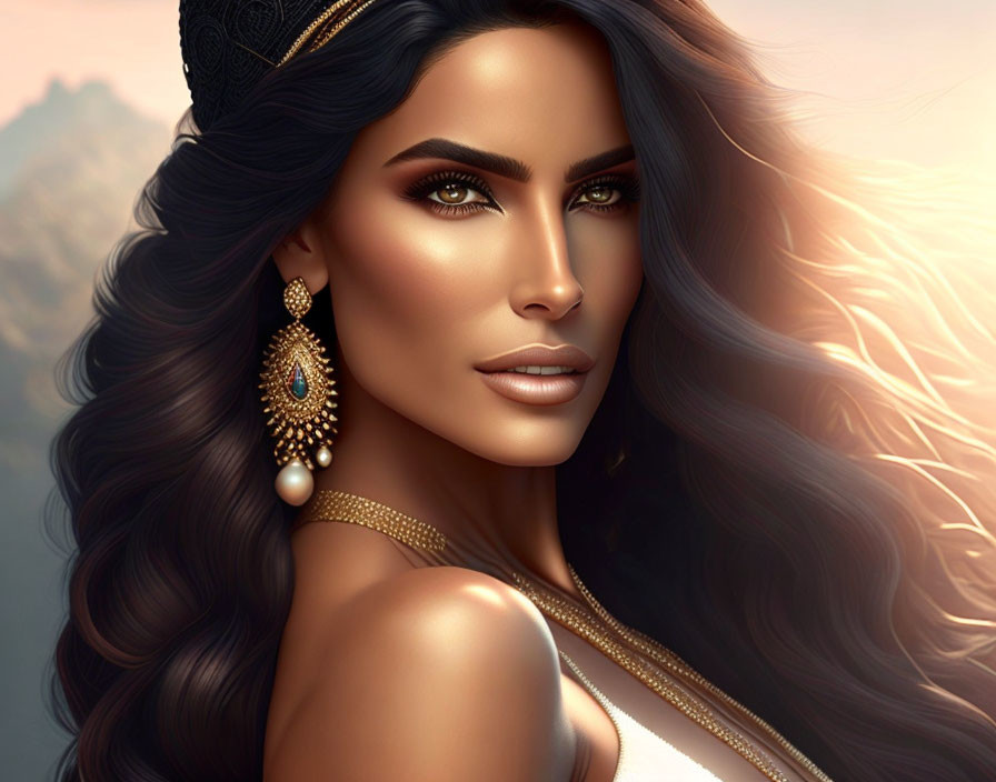 Digital portrait of woman with long wavy hair and elegant jewelry on warm backdrop