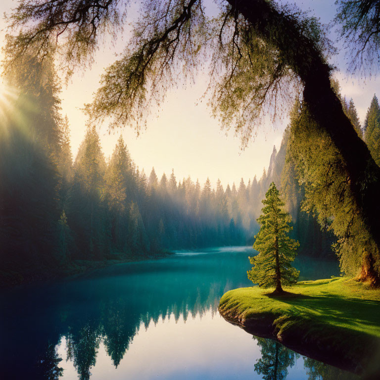 Tranquil Forest Landscape with Sun Rays and Turquoise Lake