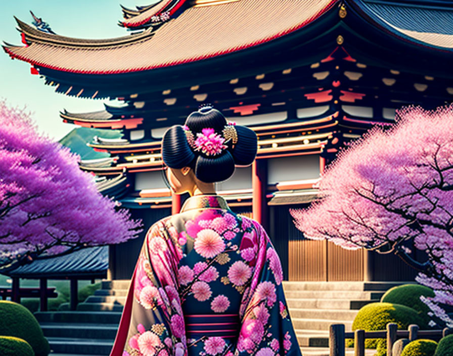 Woman in kimono enjoying cherry blossoms at Japanese temple