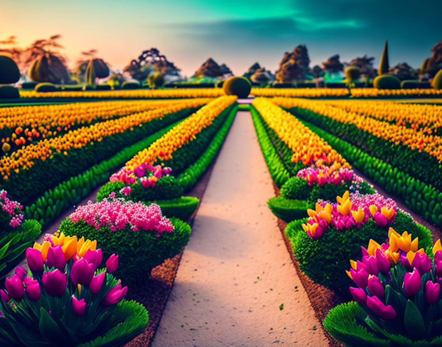 Symmetrical flower beds with pink and yellow tulips in a vibrant garden at dusk