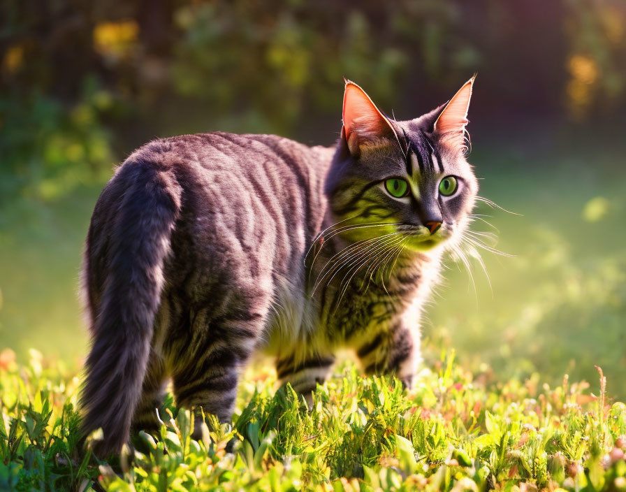 Tabby Cat in Sunlit Garden Among Greenery